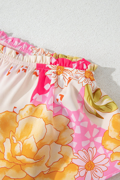 Multicolour Floral Print Ruffled High Waist Tube Top Loose Jumpsuit